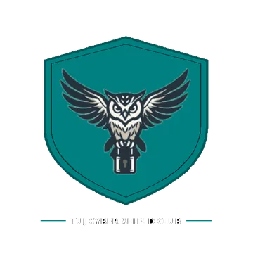 The full TUJ Cyber Shield Club crest: an owl holding a padlock on a teal shield above the club wordmark